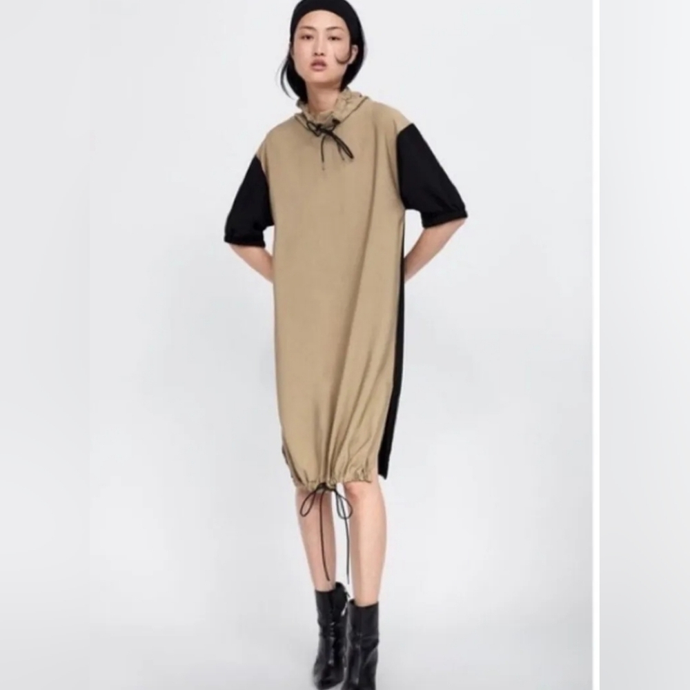 Zara Beige Black Colorblock Midi Shift Dress High Collar Drawstring Medium